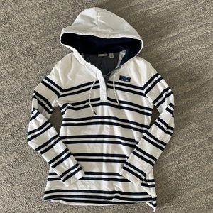 LL Bean Navy White Stripe Rugby Hoodie XS